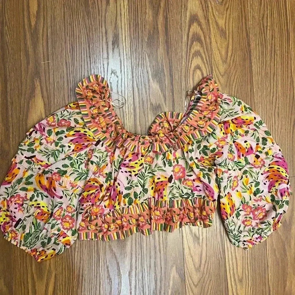 NWT Farm Rio Painted Bananas Puff Sleeve Top Blouse Pink XL - Picture 6 of 8